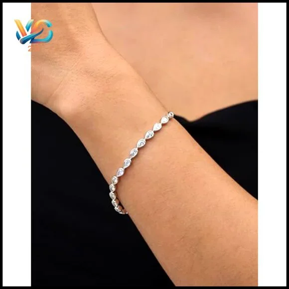 Sterling Silver Tennis Bracelet Pear Cut Cubic Zirconia Classic Elegant Jewelry